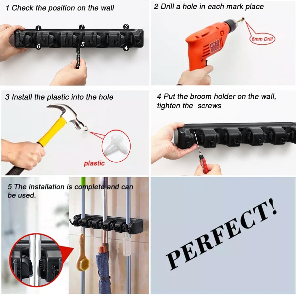 Broom Holder Wall Mount Mop Organizer Storage Tool Racks Stainless